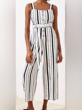 LOFT Plus Striped Linen Blend Button Front Jumpsuit Sz 22
